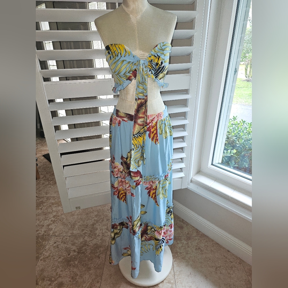 Maxi Dress Crop Top Set Flower Blue Ambiton L